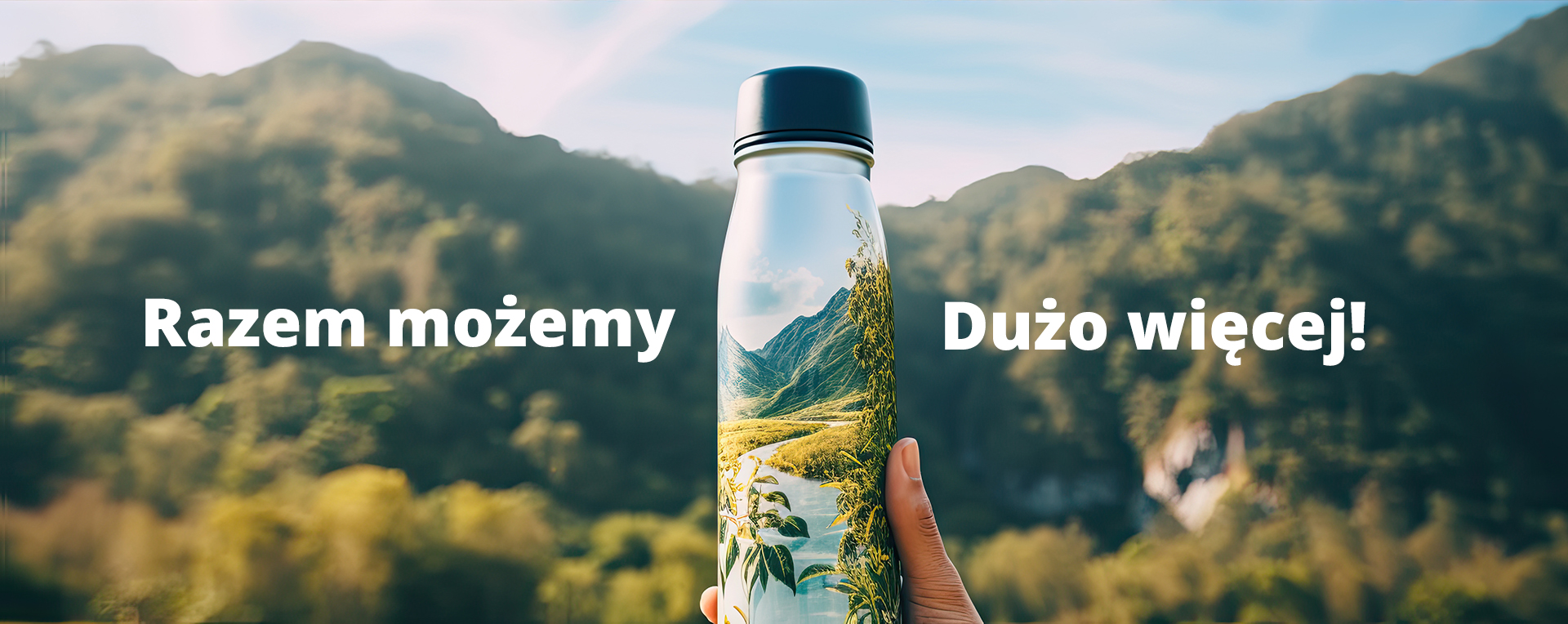 Reusable thermos in hand against forest mountains. thermo water bottle in hiking time. banner